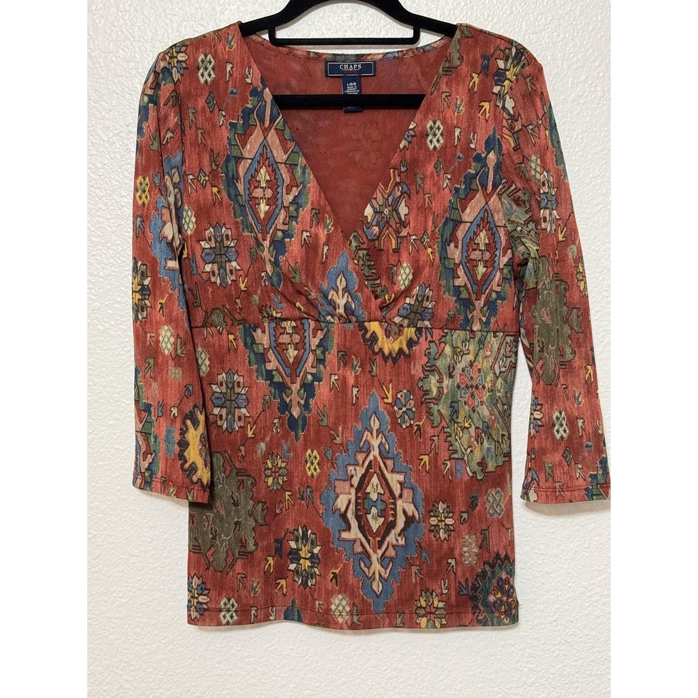 Chaps Denim Shirt Womens Large Rust Boho Aztec Print 3/4 Bell Sleeve Top Vintage